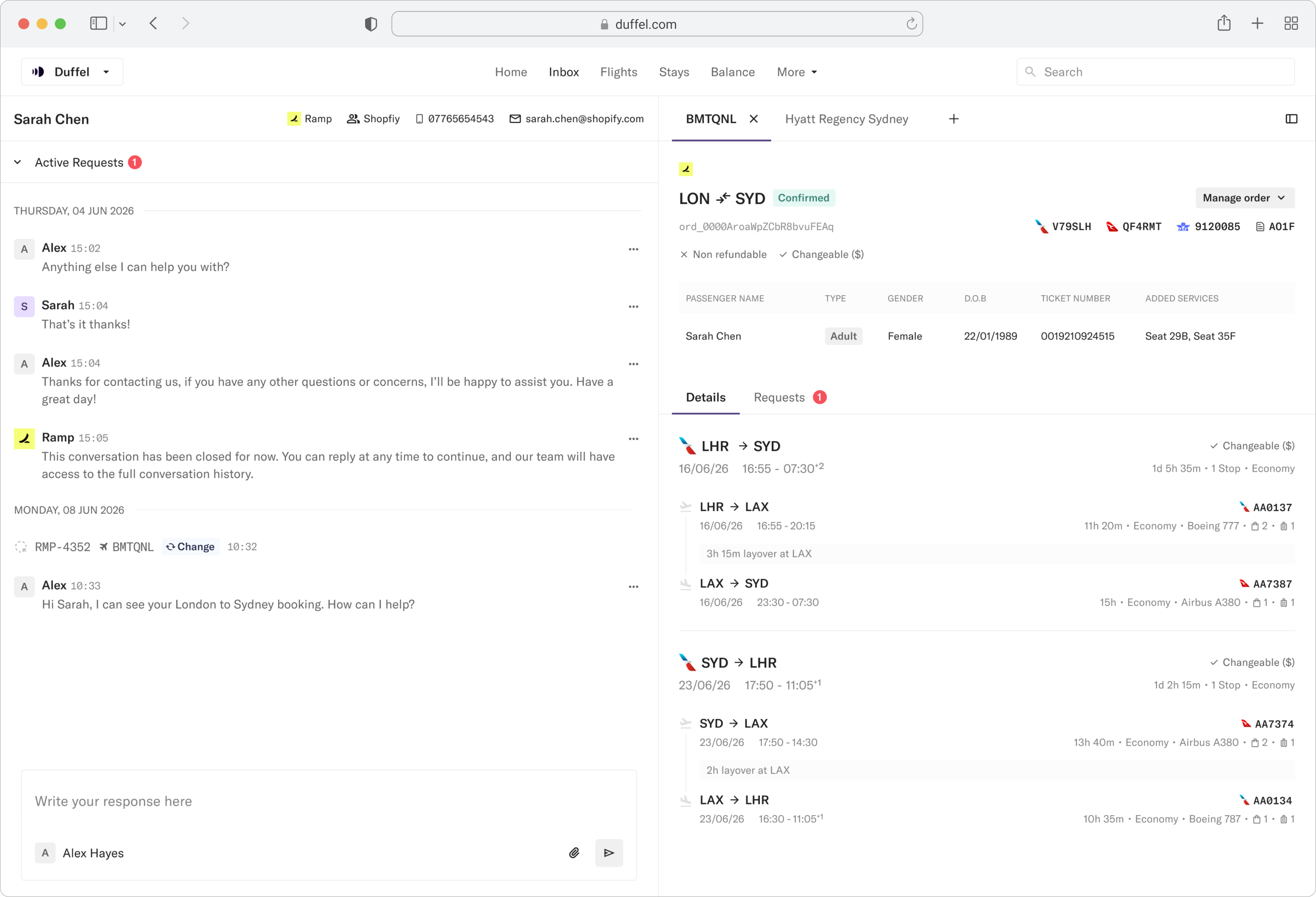 Duffel desktop — agent support UI
