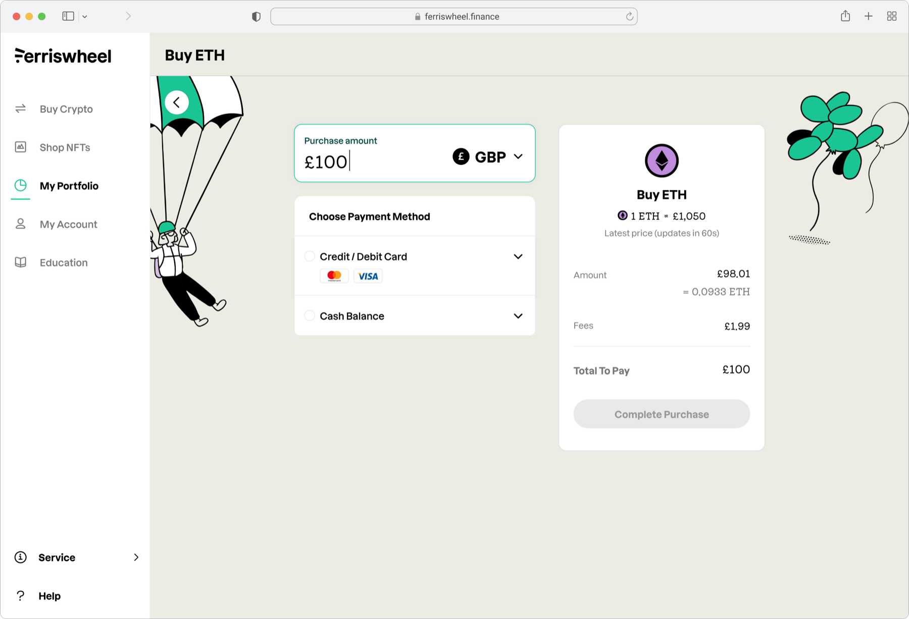 Desktop checkout — £100 of ETH with a card, as simple as any online purchase