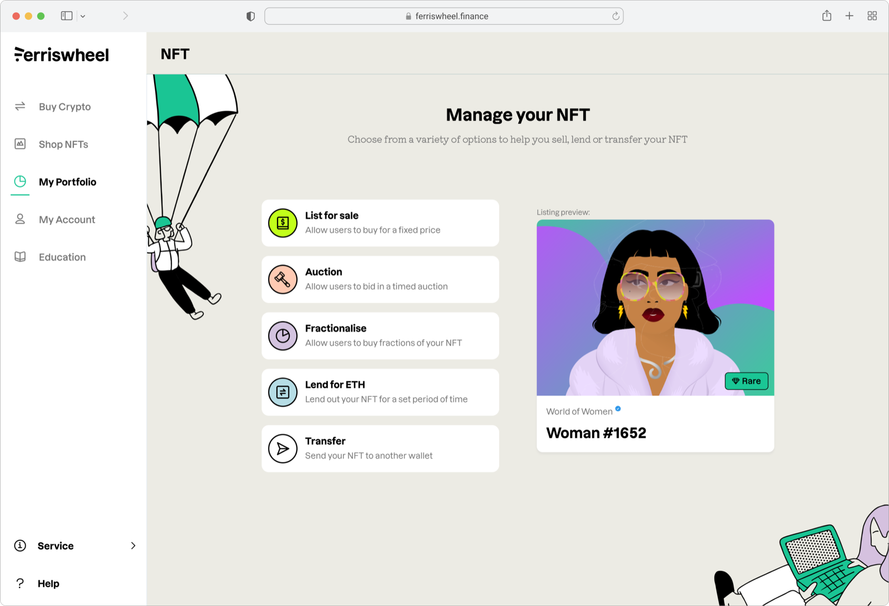 Manage your NFT — list for sale, auction, fractionalise, lend, or transfer